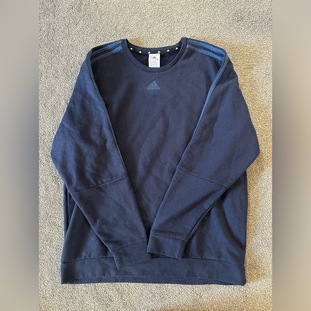Adidas Sweatshirt Mens Navy Three Stripe Logo Pullover Soft Stretchy - Picture 4 of 6